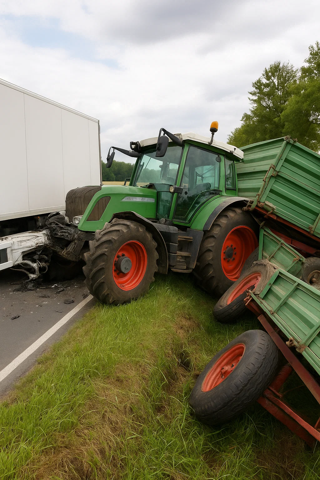 Traktor nach Unfall bei Leutersdorf in den Graben gekippt