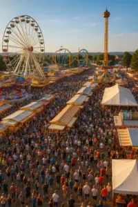 Festplatz beim Jacobimarkt 2025 in Neugersdorf: Tausende Besucher zwischen Fahrgeschäften, Marktständen und Festzelten bei frischen Temperaturen