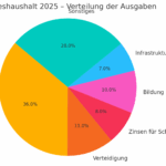 Tortendiagramm zur Verteilung des Bundeshaushalts 2025 mit Fokus auf Sozialausgaben, Verteidigung und Schuldzinsen