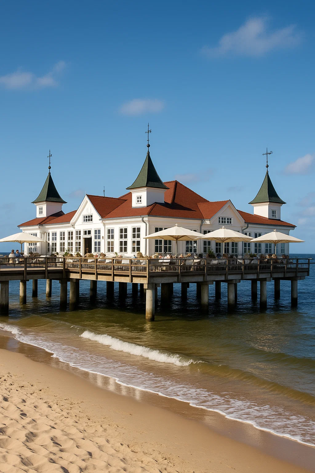 Seebrücke Ahlbeck mit Türmchen und Gastronomie
