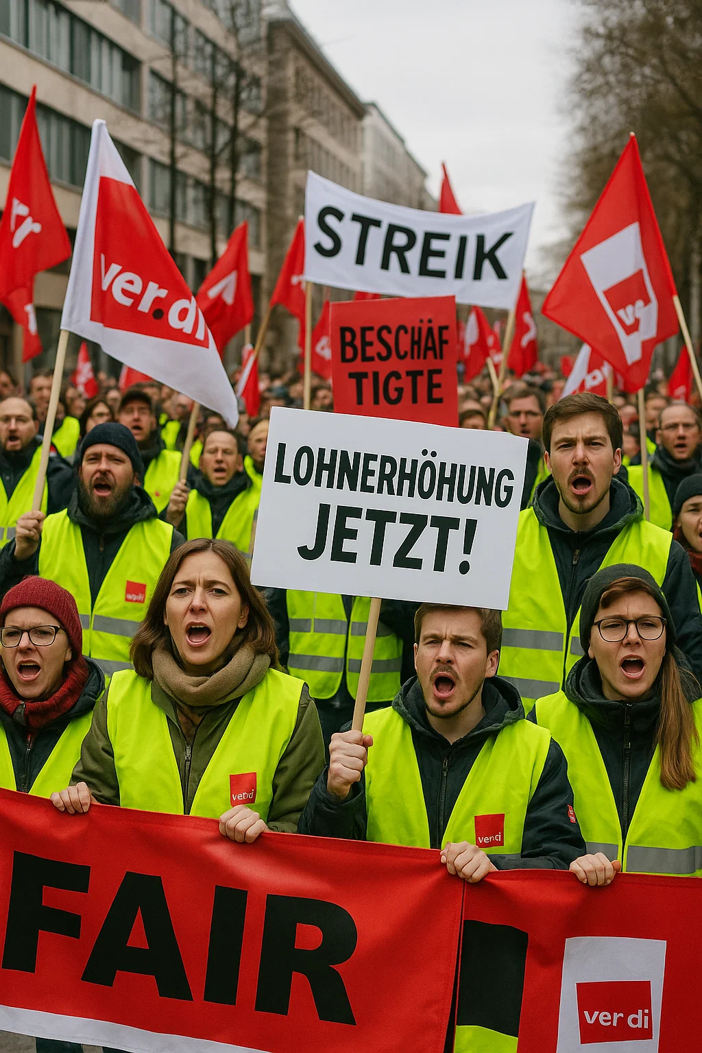 Streikende Erzieherinnen und Müllwerker protestieren mit Schildern für bessere Bezahlung im öffentlichen Dienst