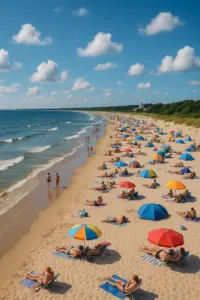 Breiter Sandstrand von Swinemünde mit Urlaubern und Strandkörben an der polnischen Ostsee