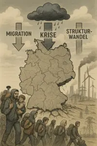 Symbolbild für die gesellschaftlichen Herausforderungen in Deutschland – Menschenmenge, Regierungssitz, Symbolik von Zerfall und Erneuerung