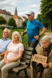 Rentner Senioren Ruhestand Deutschland Alltag Altersvorsorge Spaziergang Bank Gespräch