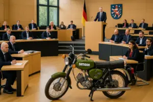 Kultmoped Simson auf einer Straße in Thüringen