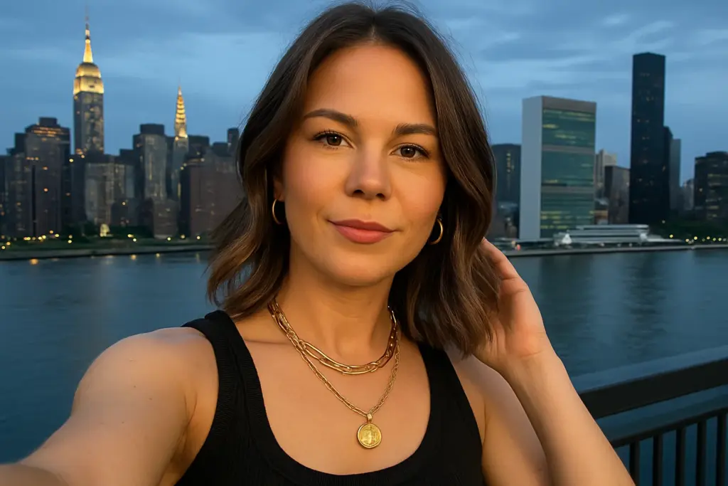Annalena Baerbock filmt sich in New York mit gelben Taxis im Hintergrund
