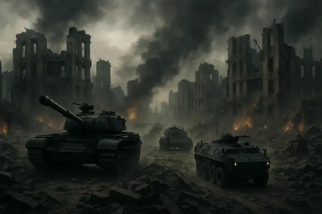 Symbolbild Weltkrieg mit zerstörter Stadt und militärischen Fahrzeugen