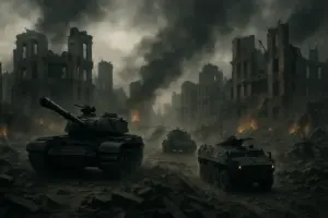 Symbolbild Weltkrieg mit zerstörter Stadt und militärischen Fahrzeugen