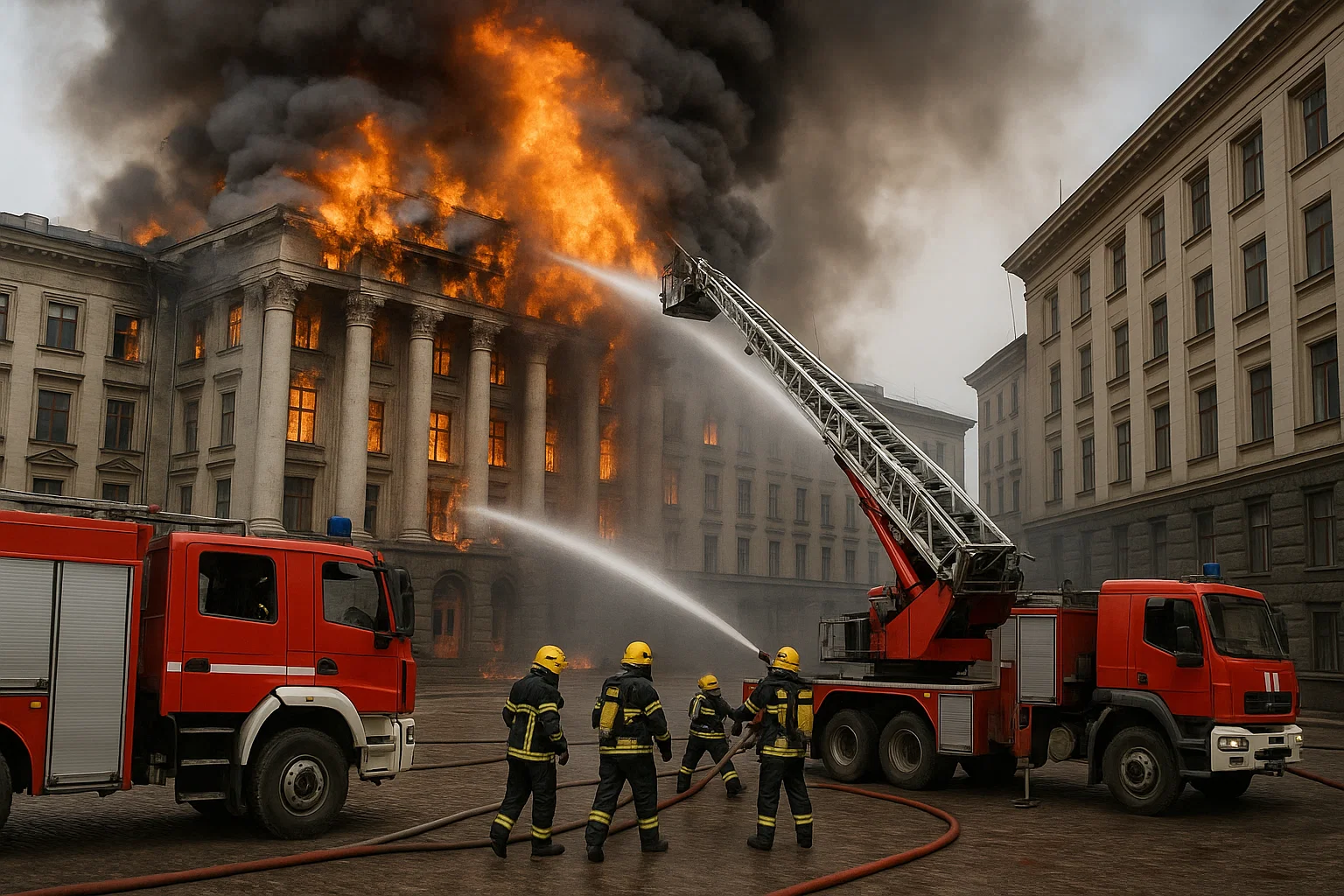 Feuerwehr löscht Flammen im Regierungsviertel von Kiew nach russischem Luftangriff