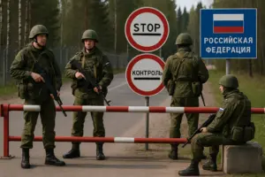 Russische Soldaten an der Grenze zu Finnland bei Swetogorsk
