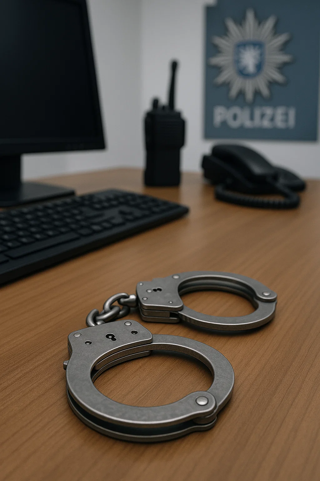 Handschellen liegen auf einem Schreibtisch im Polizeipräsidium.