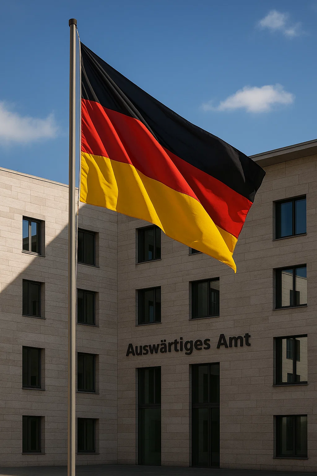 Deutsche Flagge weht vor dem Gebäude des Auswärtigen Amts in Berlin.