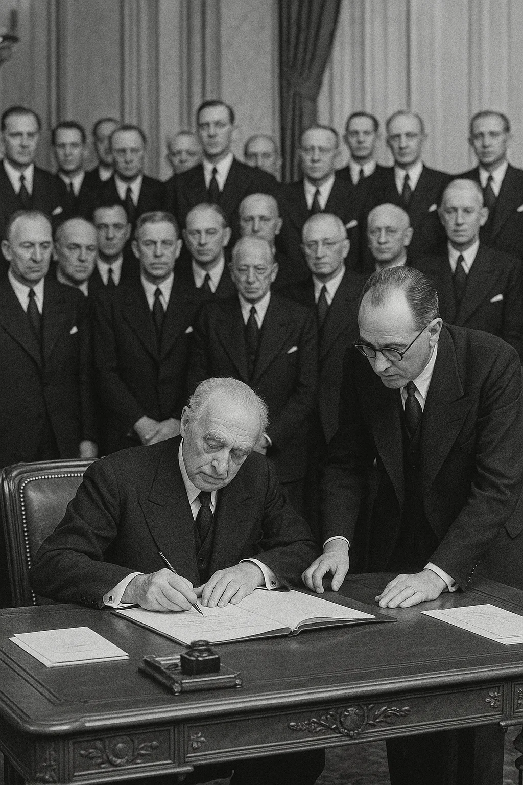 Historisches Foto von der Unterzeichnung des Pariser Friedensvertrags im Jahr 1947.