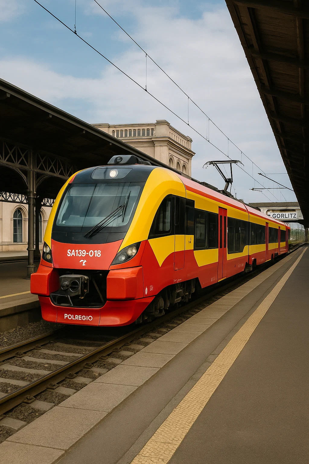 Elektrischer Zug aus Polen am Bahnsteig des Görlitzer Bahnhofs nach Grenzüberfahrt