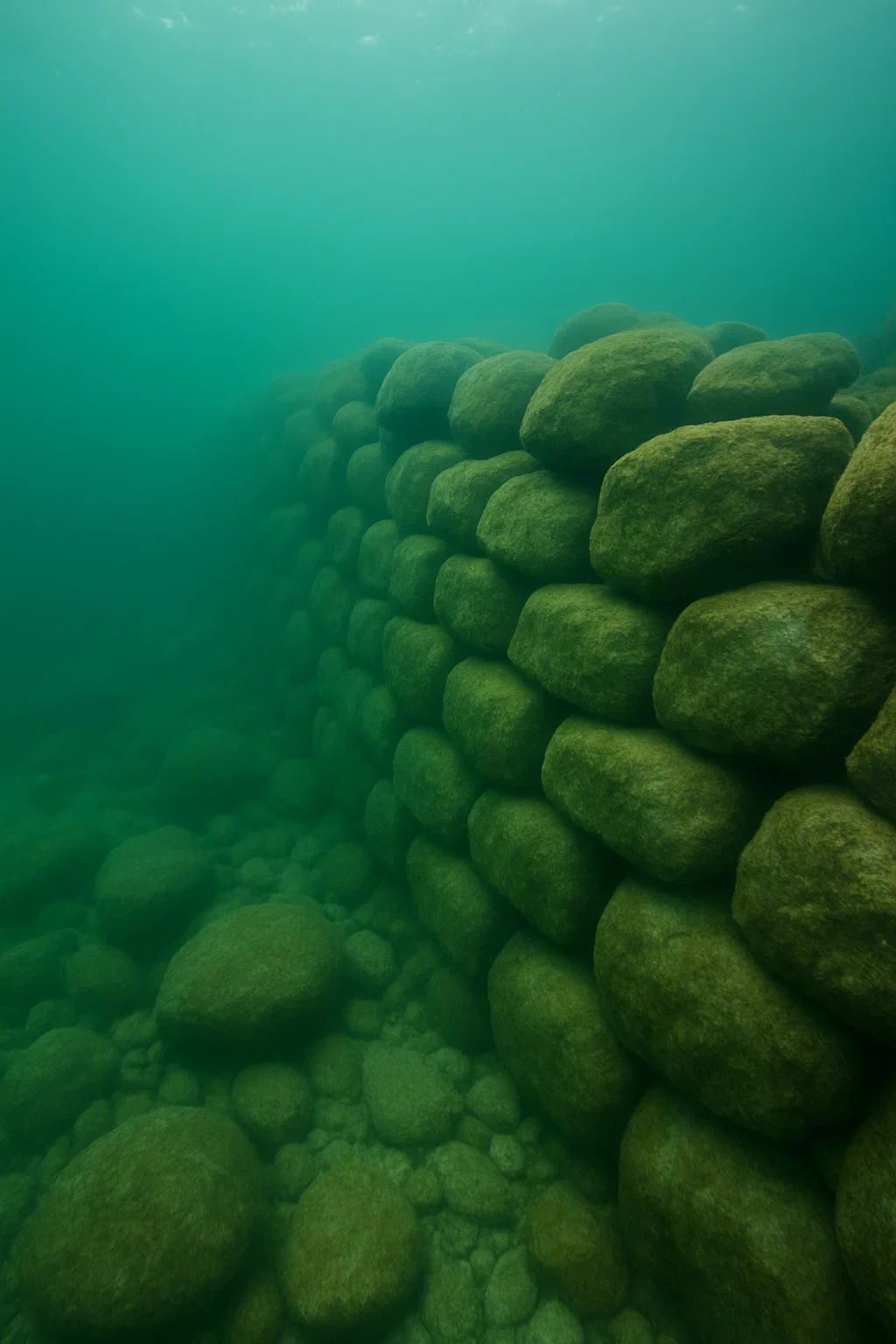 Unterwasseraufnahme der steinzeitlichen Struktur Blinkerwall in der Ostsee.