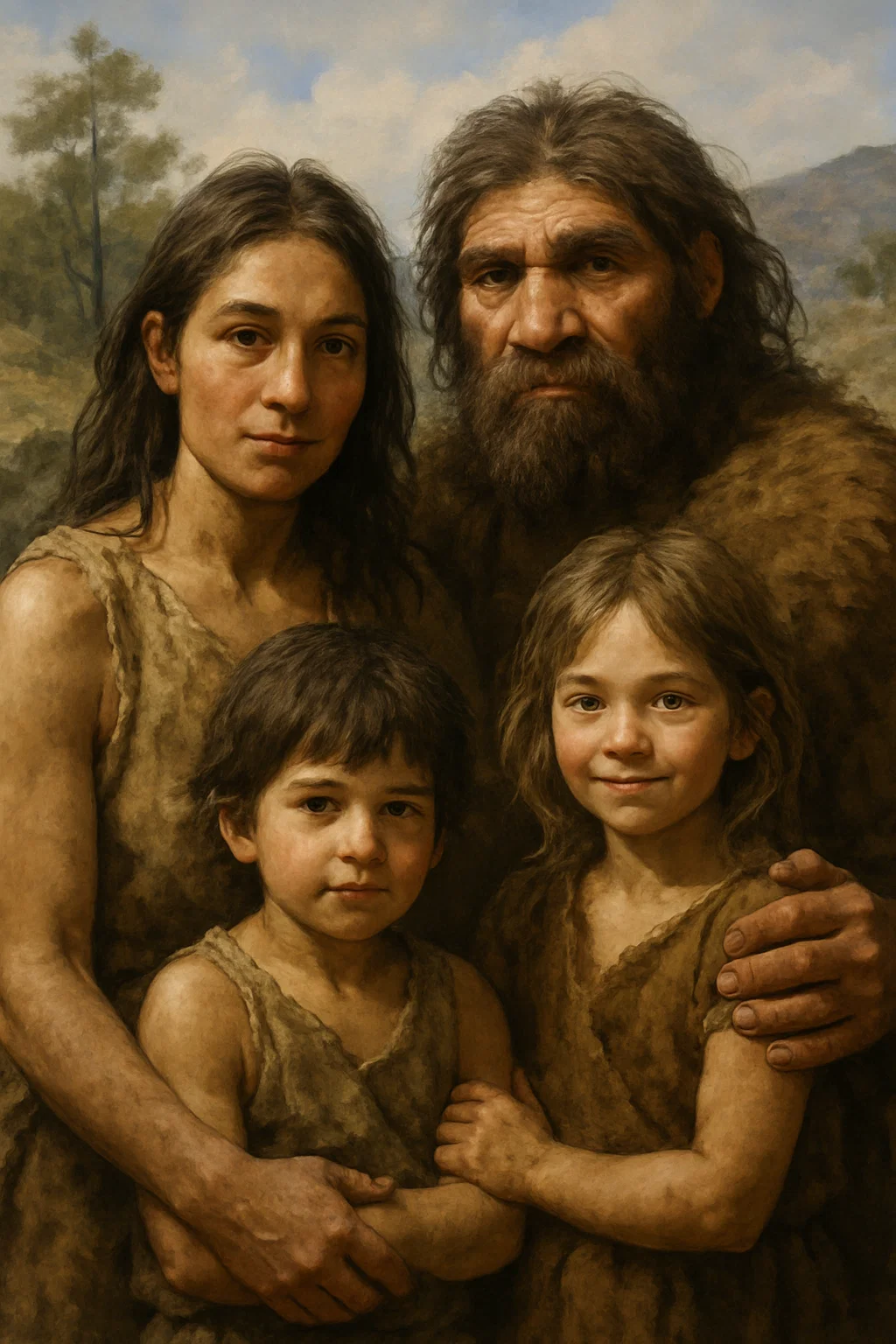 „KI-generierte Darstellung einer Urzeit-Familie aus Homo sapiens und Neandertaler mit gemischten Merkmalen.“