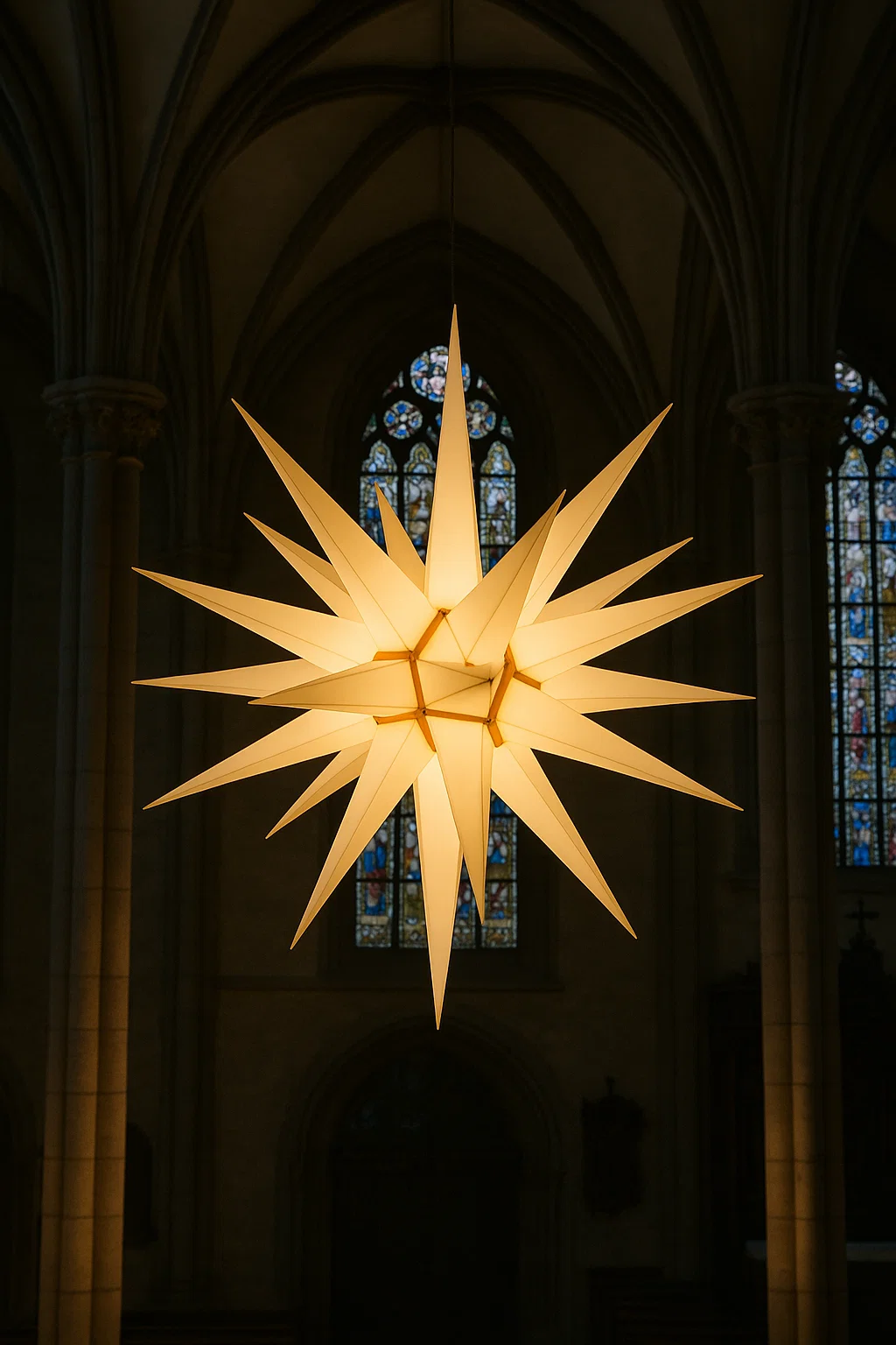 Traditioneller Herrnhuter Stern in einer Kirche aufgehängt, leuchtend während der Adventszeit.
