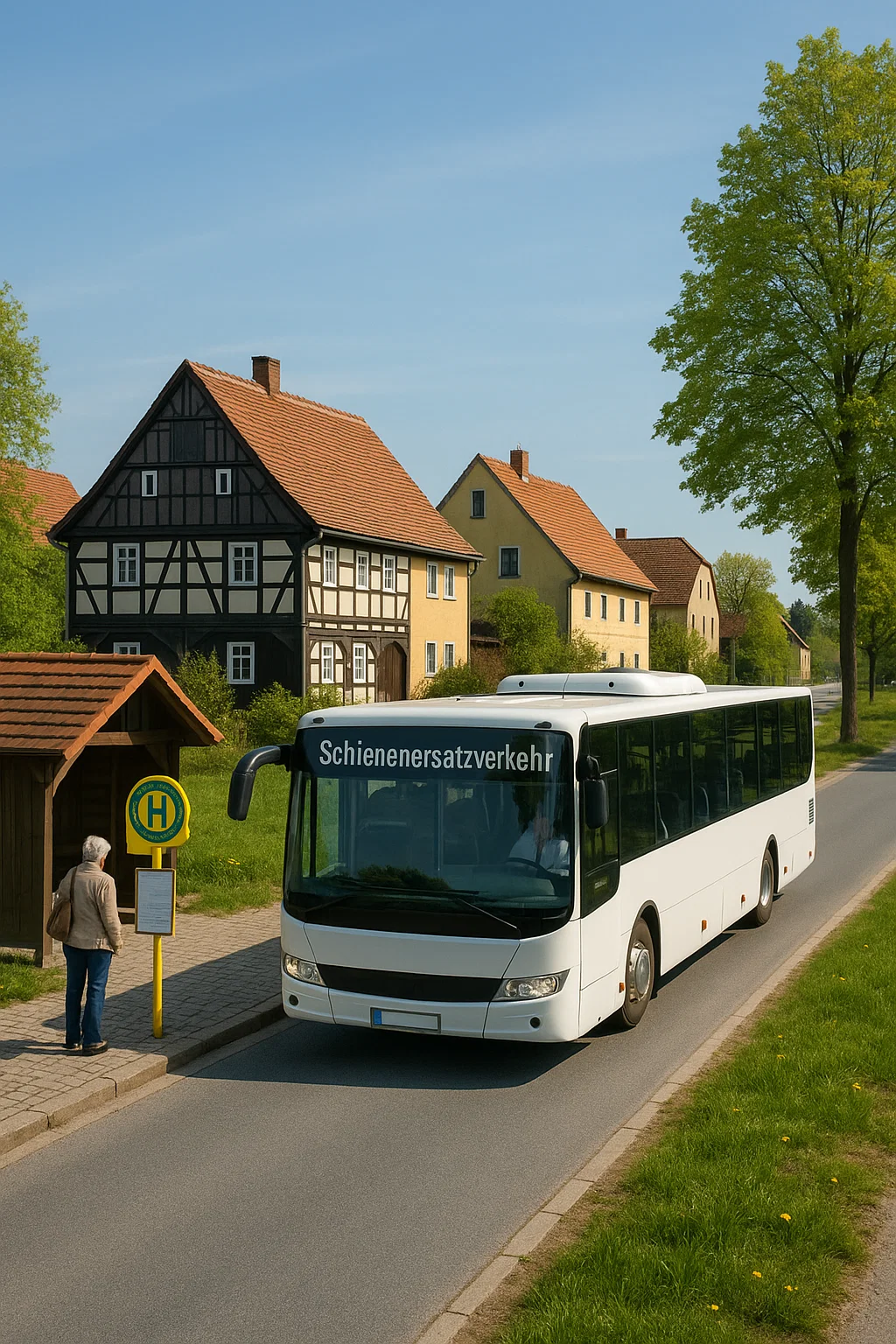 Schienenersatzverkehr-Bus hält an einer Ersatzhaltestelle in der Oberlausitz während Bauarbeiten auf der Bahnstrecke.