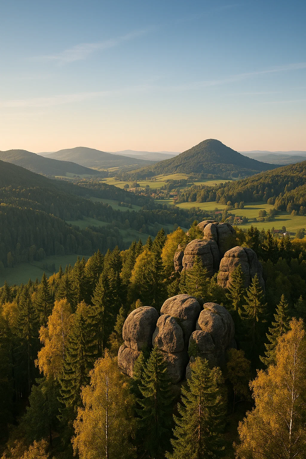 Blick vom Berg Oybin auf die markanten Sandsteinfelsen im Zittauer Gebirge.