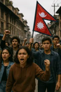 Demonstrierende Jugendliche mit nepalesischer Flagge in Kathmandu während der Proteste 2025