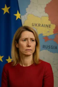 EU-Außenbeauftragte Kaja Kallas bei einer Rede im EU-Parlament mit ernster Miene