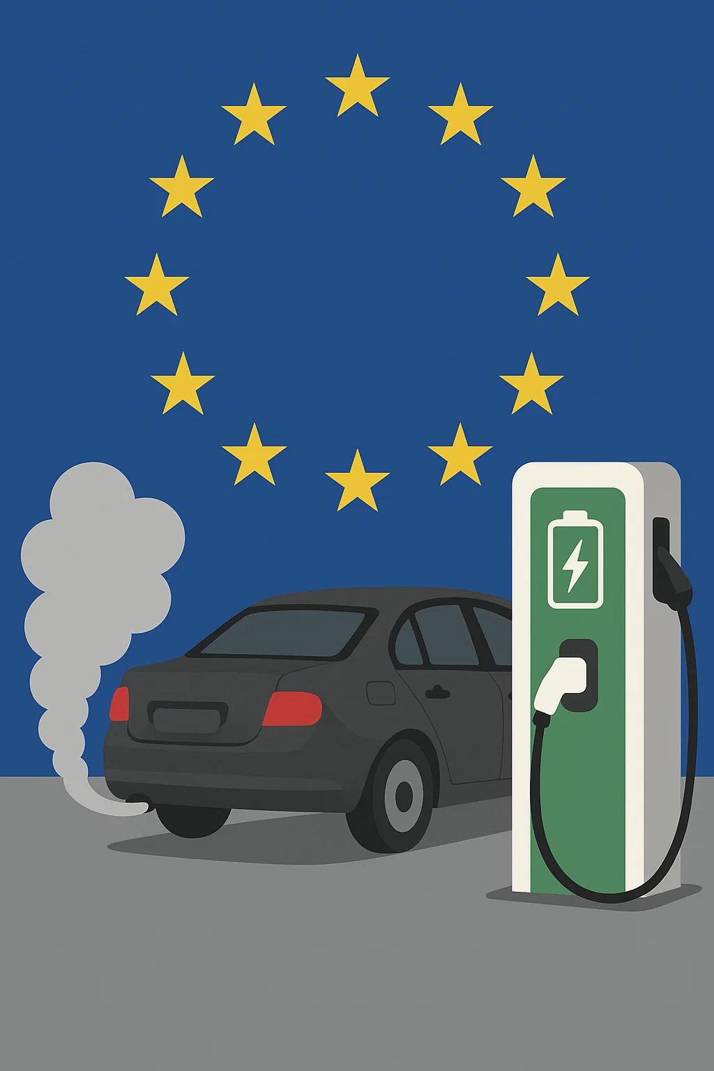 Symbolbild EU-Verbrenner-Aus 2035 – Auto mit Auspuff neben E-Ladestation als Zukunftsvergleich
