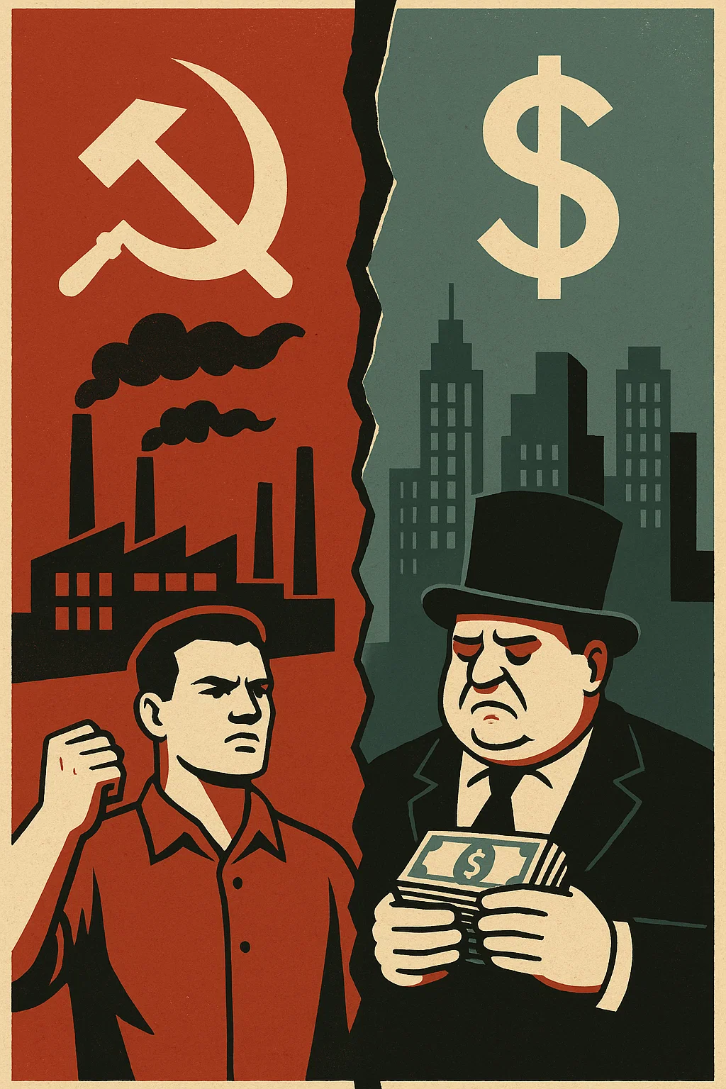 Symbolische Darstellung von Kommunismus und Kapitalismus als gegensätzliche Extreme