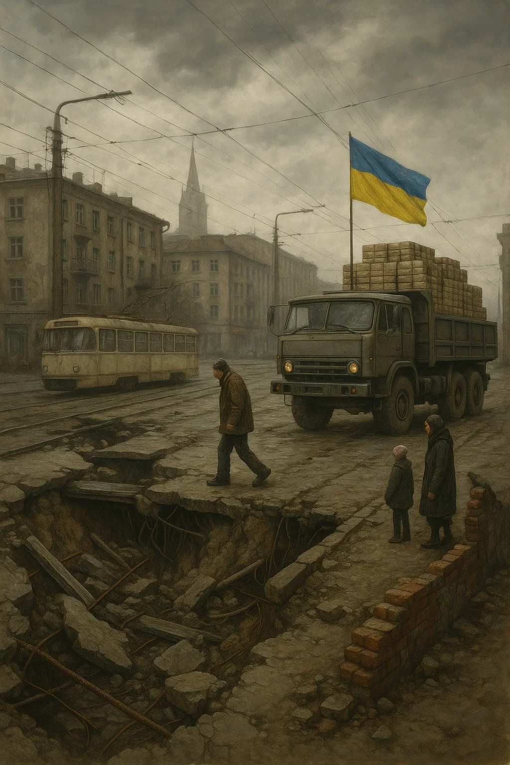 Deutsche Brücke mit Rissen, daneben Geldscheine für Ukraine