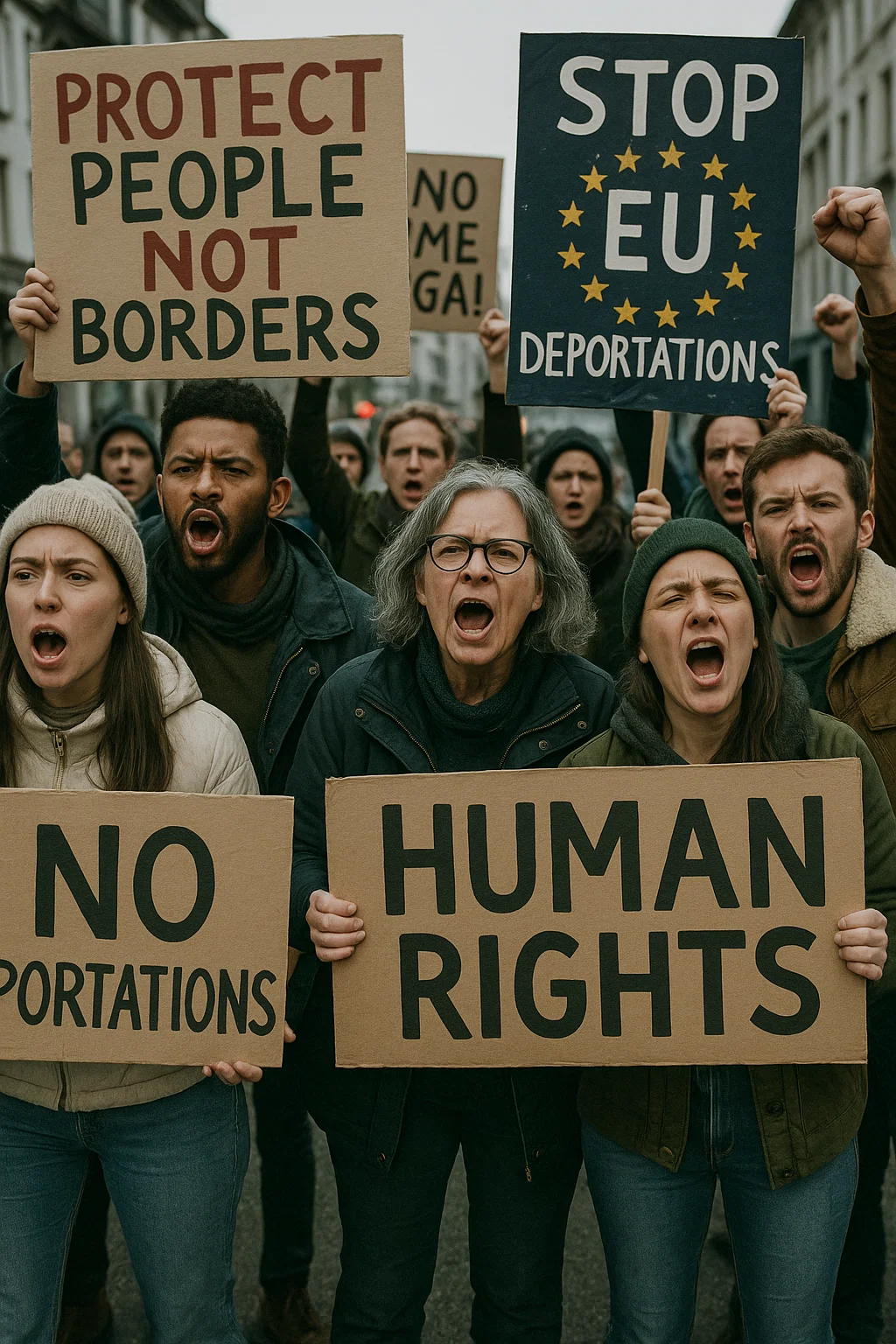 Demonstranten in Berlin mit Schildern gegen Abschiebungen