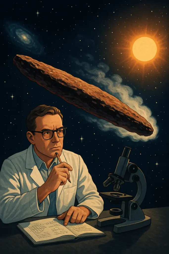 Illustration des interstellaren Objekts ʻOumuamua, das nach Vorbeiflug an der Sonne beschleunigt.
