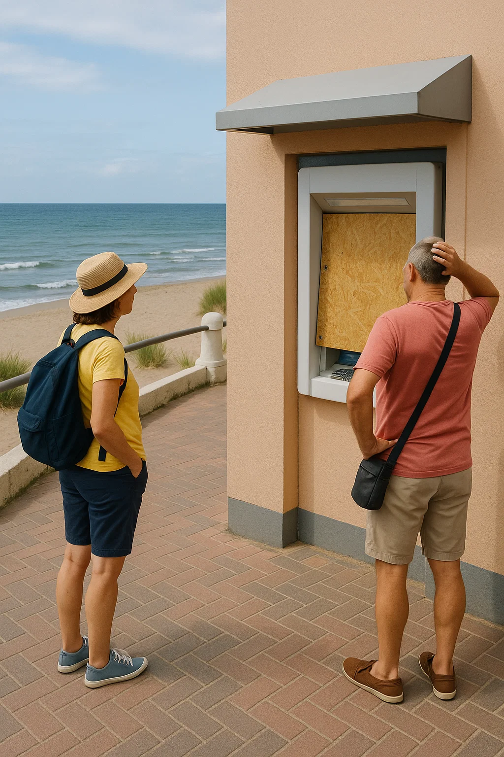 Urlauber an der Ostsee stehen vor einem geschlossenen Geldautomaten