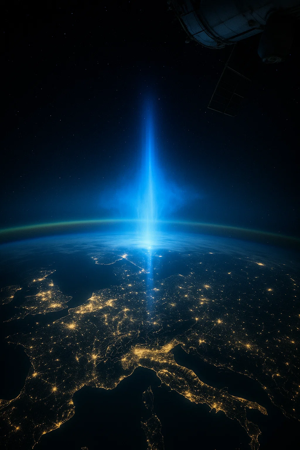 Mysteriöses blaues Licht über Europa am Himmel, von der Raumstation ISS fotografiert