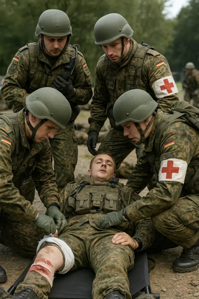 Bundeswehr-Sanitäter bereiten Verwundete im Feld auf Evakuierung vor