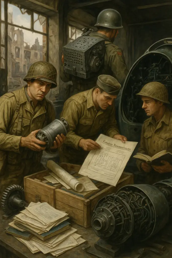 Alliierte Offiziere untersuchen deutsche Maschinen und Patente nach 1945