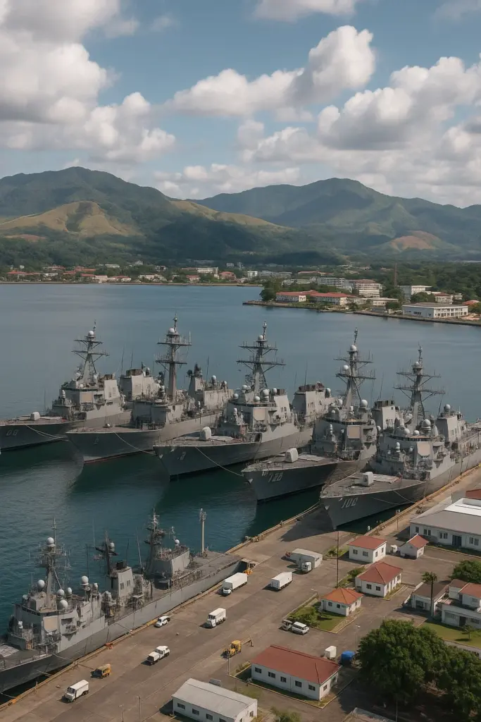 Blick auf Subic Bay mit Werftanlagen und Hafeninfrastruktur