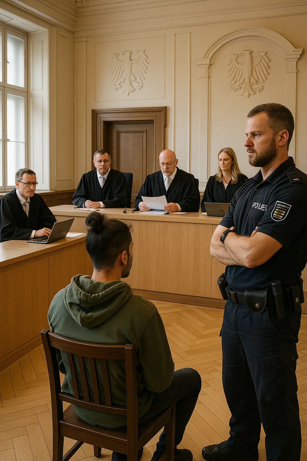Polizeiwagen vor dem Landgericht Dresden nach Vorfall mit Iraker