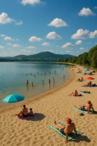 Blick auf den Olbersdorfer See mit Strand und Freizeitgästen