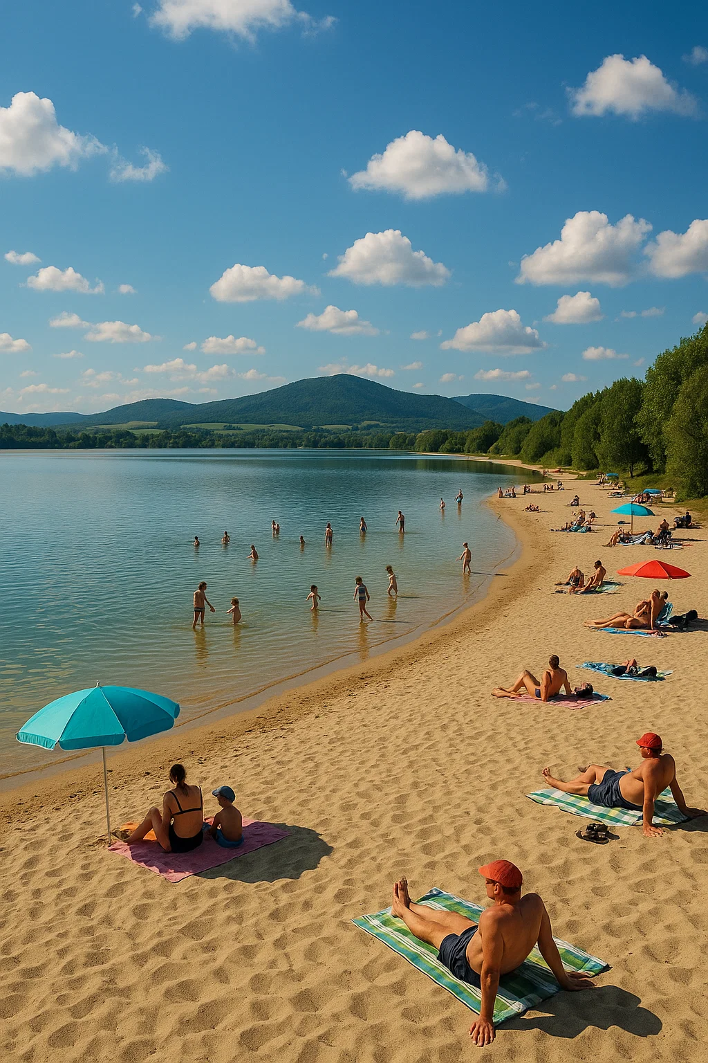 Blick auf den Olbersdorfer See mit Strand und Freizeitgästen