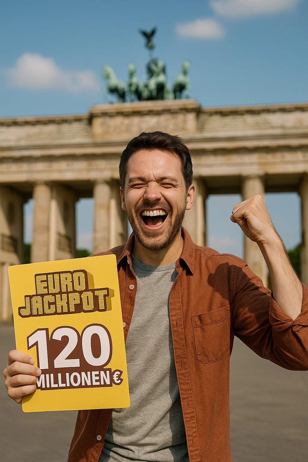 Eurojackpot-Gewinner aus Berlin hält symbolisch einen Lottoschein mit 120 Millionen Euro Rekordgewinn