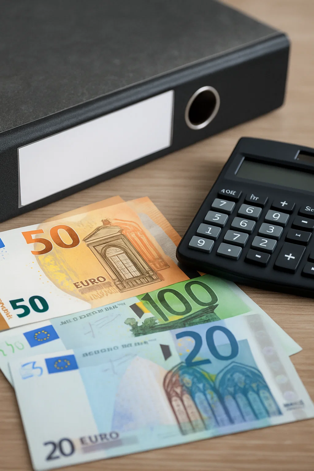 Symbolbild Bürgergeld – Euro-Scheine mit Aktenordner und Taschenrechner, Symbol für staatliche Ausgaben und Einsparungen