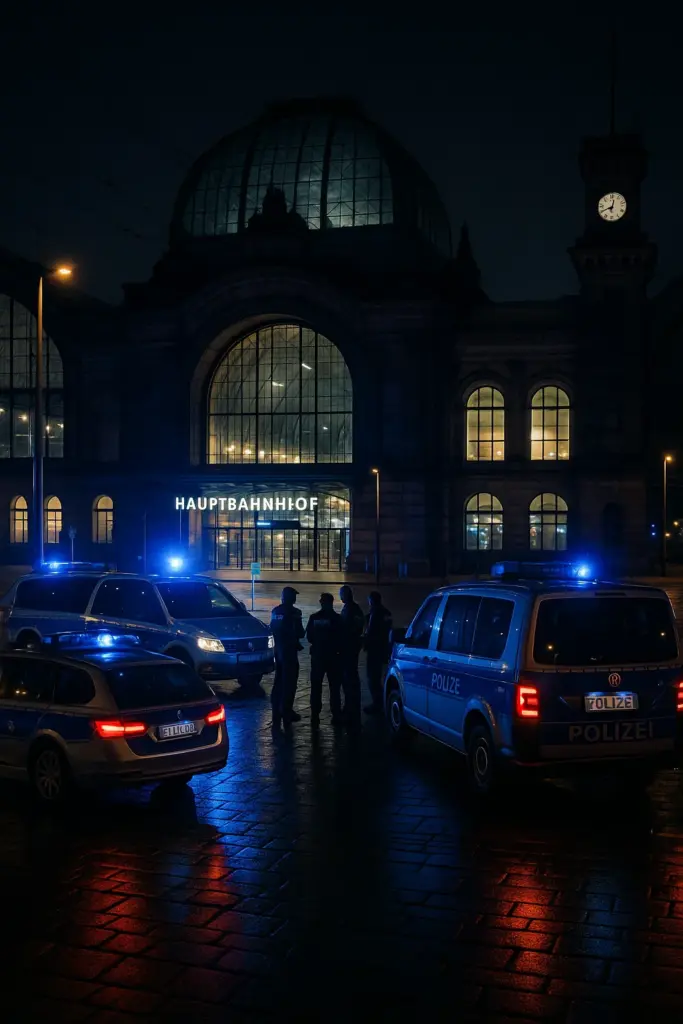 Blaulicht vor dem Dresdner Hauptbahnhof bei Nacht – Symbolbild für Polizeieinsatz