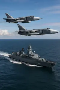 Deutsche Fregatte in der Ostsee, darüber ein Kampfjet – Symbolbild für russische Provokationen