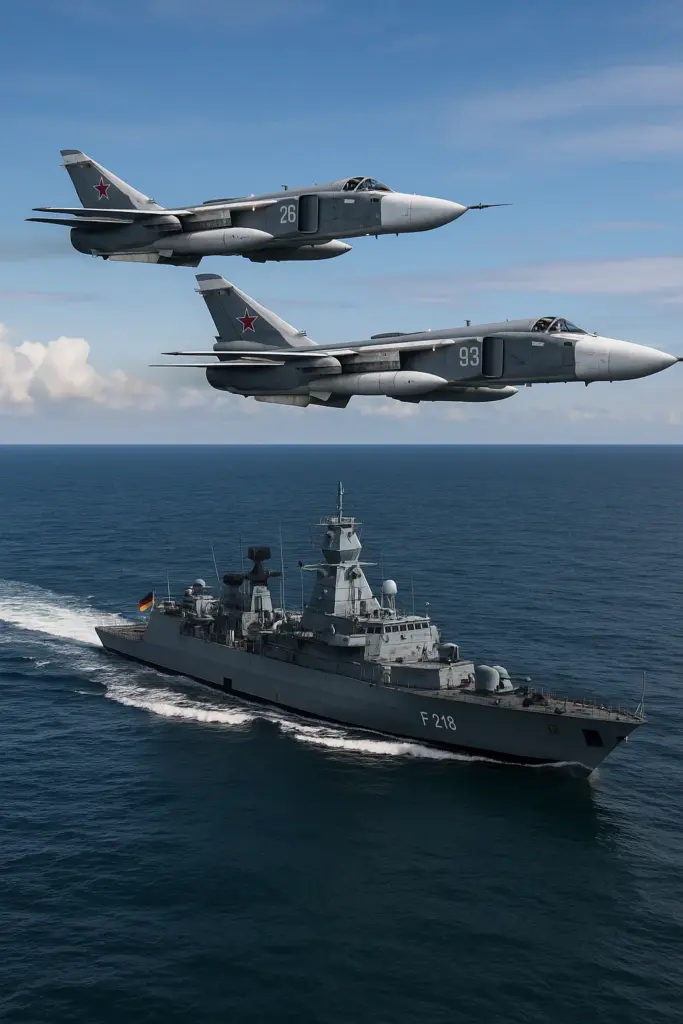 Deutsche Fregatte in der Ostsee, darüber ein Kampfjet – Symbolbild für russische Provokationen