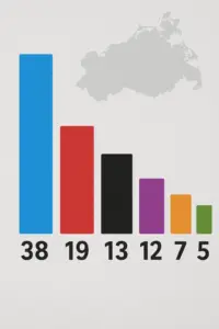 Balkengrafik mit AfD 38 %, SPD 19 %, CDU 13 %, Linke 12 %, BSW 7 %, Grüne 5 % – Symbolbild für Umfrage in Mecklenburg-Vorpommern