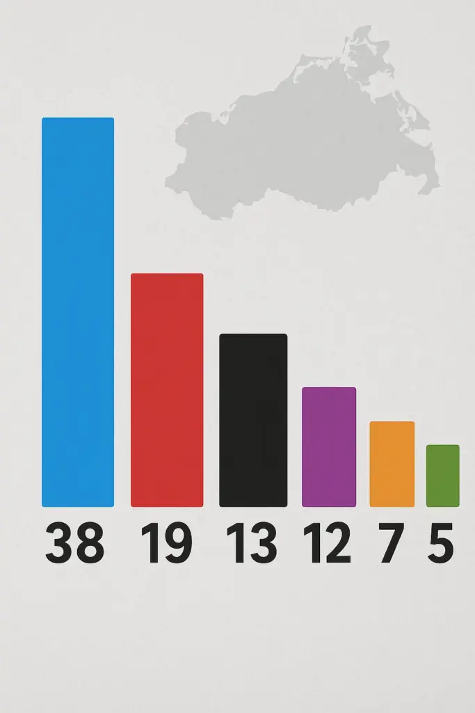 Balkengrafik mit AfD 38 %, SPD 19 %, CDU 13 %, Linke 12 %, BSW 7 %, Grüne 5 % – Symbolbild für Umfrage in Mecklenburg-Vorpommern