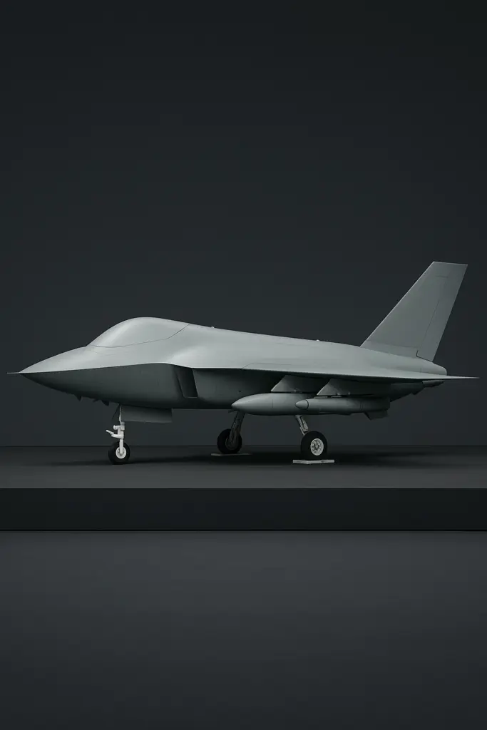 Seitenansicht eines unbemannten Kampfjets bei einer Präsentation – Symbolbild für den UCAV „CA-1 Europa“