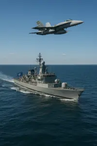 NATO-Fregatte und Abfangjet über der Ostsee – Symbolbild für Abschreckung und erhöhte Spannung