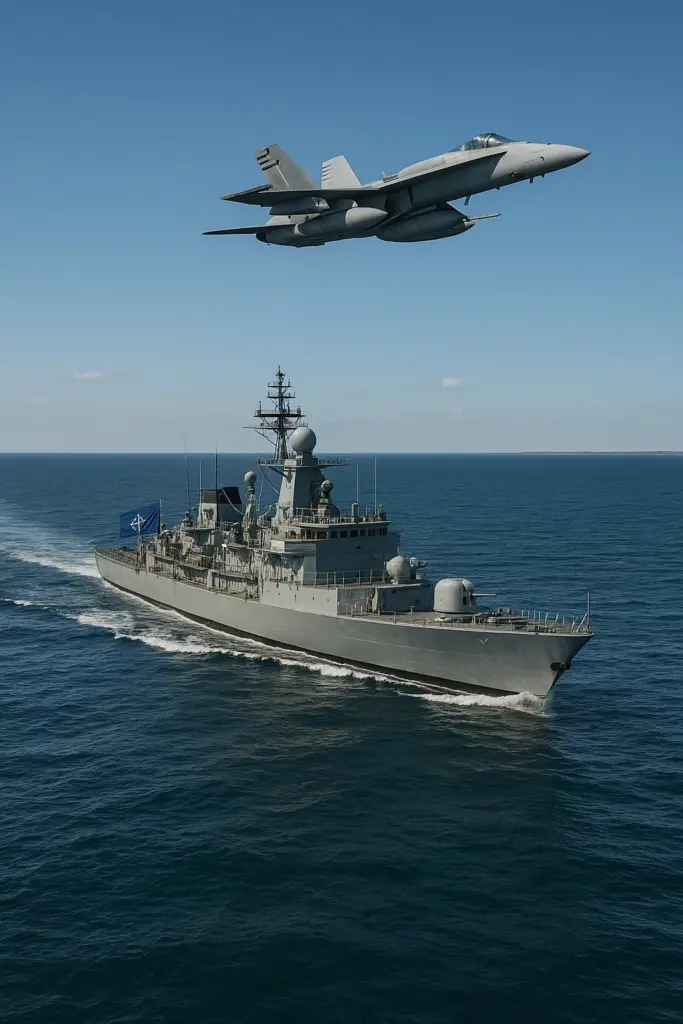 NATO-Fregatte und Abfangjet über der Ostsee – Symbolbild für Abschreckung und erhöhte Spannung