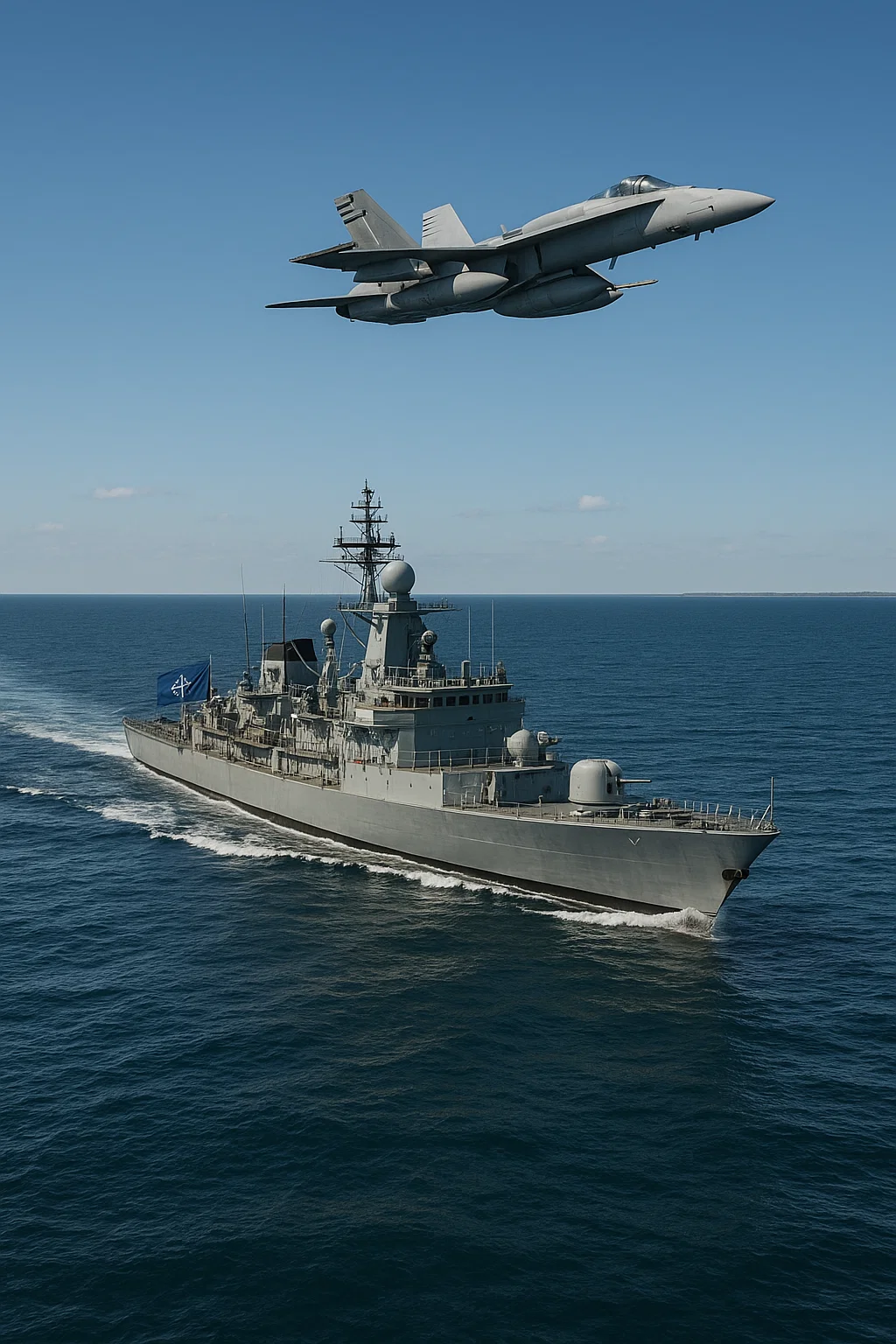 NATO-Fregatte und Abfangjet über der Ostsee – Symbolbild für Abschreckung und erhöhte Spannung