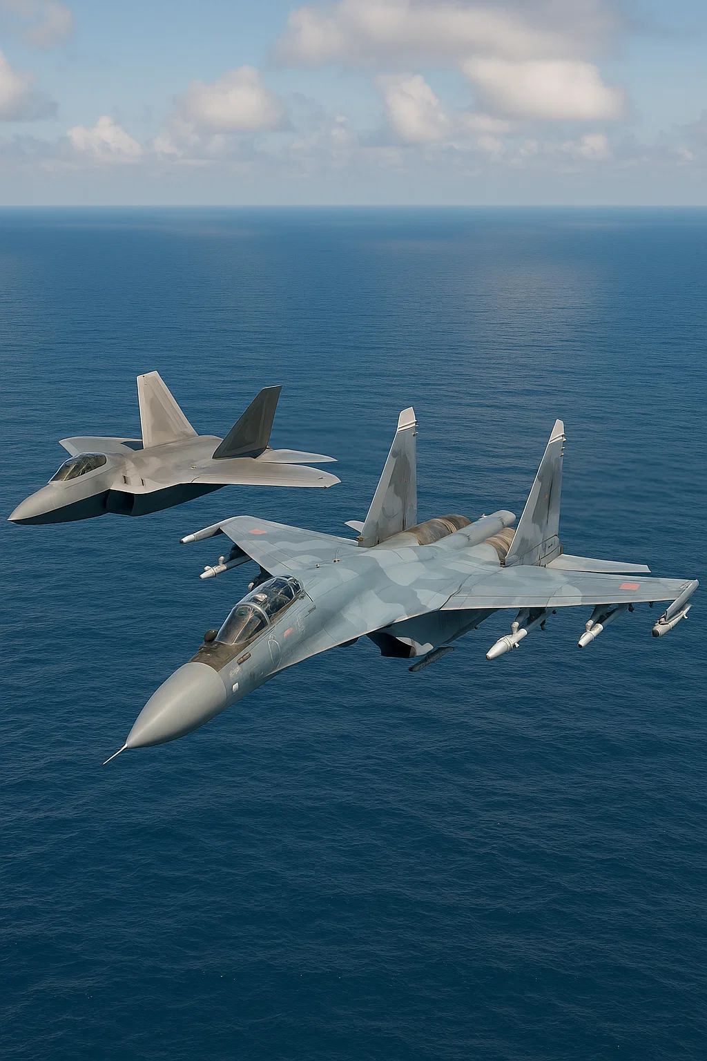 Abfangjäger neben fremdem Kampfjet über See – Symbolbild für NATO-Air-Policing und russische Grenztests